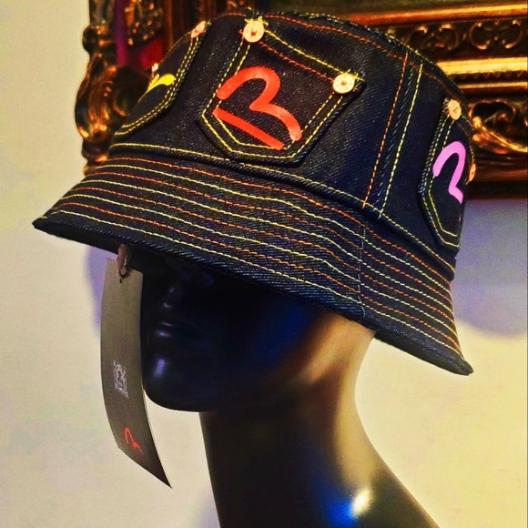 Evisu Multi-color Bucket Hat Embroidered Print Multi-Pockets Denim NWT w Bag - Picture 9 of 11